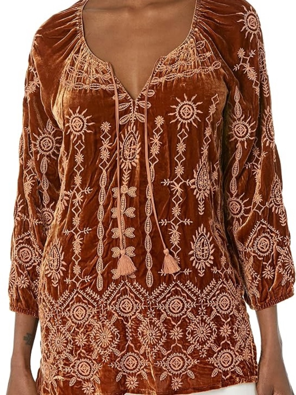 Embroidered Velvet Peasant Top - Rust Johnny was